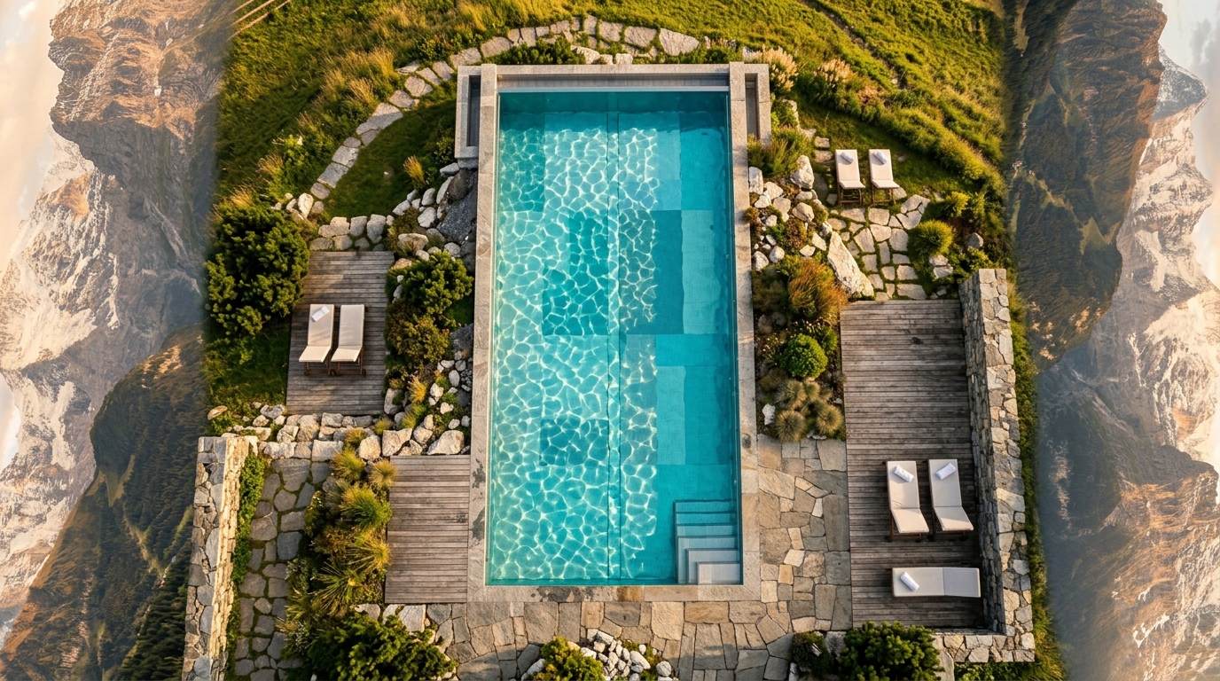 Türkisfarbener Pool umgeben von Alpenlandschaft bei Sonnenuntergang