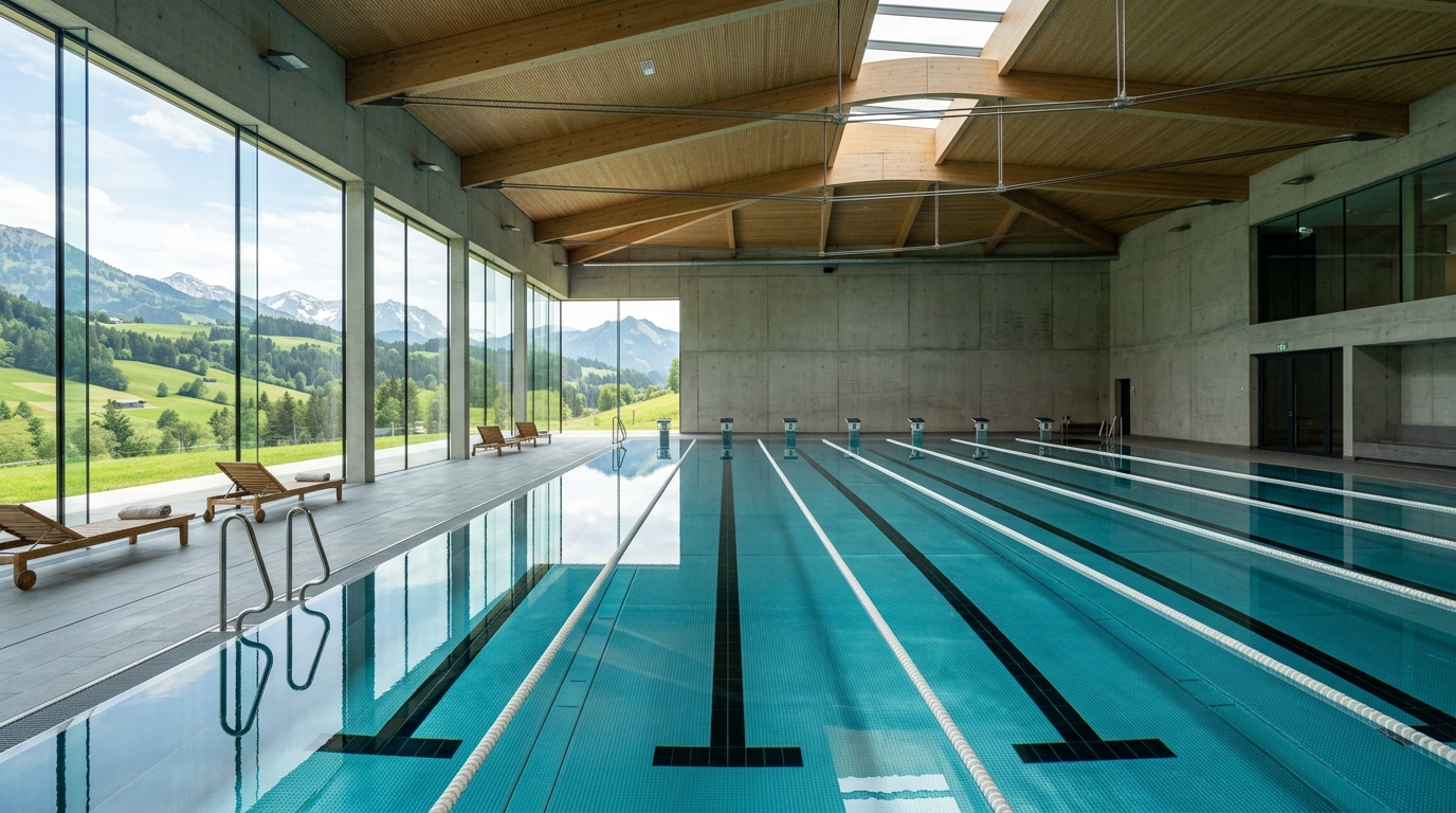 Modernes Hallenbad mit Panoramafenstern und Blick auf grüne Hügel